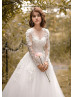 Long Sleeve Beaded Ivory Lace Sparkle Tulle Wedding Dress